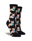Women's Socksmith Corgi Pattern Socks in black featuring cute corgis in bandanas. Comfortable cotton crew socks ideal for pet enthusiasts.