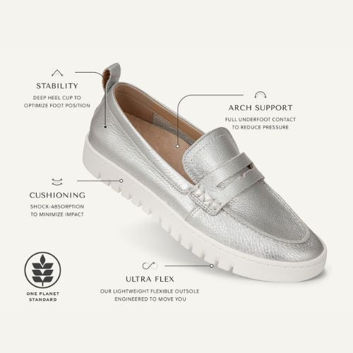 Silver Women's Leather Loafer with labeled features including arch support, cushioning, and ultra-flex outsole.