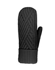Knit black mitten with criss cross pattern and rolled cuff.