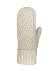 Knit cream mitten with criss cross design and rolled up cuff.