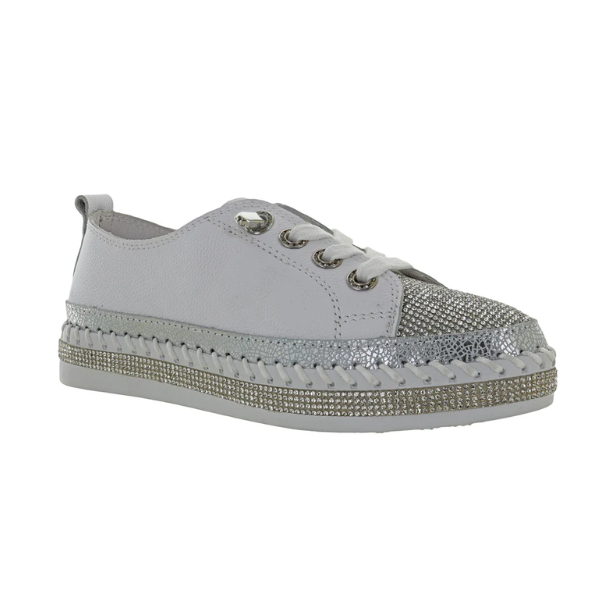 A Bernie Mev sneaker in white leather with silver rhinestones covering the toe and midsole, white laces and a white platform outsole attached with large white stitching.