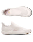 Top and side views of white Clarks Nalle Step Knit Sneaker for women. Features breathable knit upper and easy step-in construction for daily use.