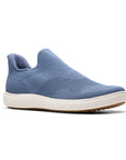 Women's Clarks Nalle Step Knit Sneaker in blue with a flexible knit upper and cushioned insole. Lightweight slip-on sneaker for all-day comfort.