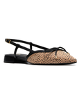 Pointed-toe slingback flat with bow detail, cheetah print upper and a low block heel.