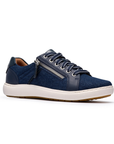 Denim sneaker with silver side zipper, navy laces, white midsole and brown outsole.