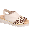 Almond and leopard sandal with gold stitching accents, elastic backstrap, tan footbed and off-white outsole.