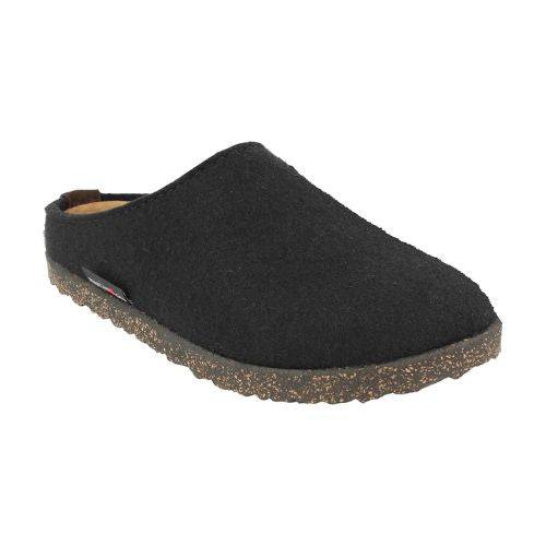Haflinger Women's Manhattan Wool Clog in black with a boiled wool upper and cork-latex midsole for comfort and support.