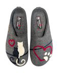 Grey wool clogs with Haflinger logo'd footbed, black and white cat with heart on one and red heart with white paw print on the other.