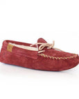 Women's Vancouver Moccasin Slippers in red suede with rubber sole, designed for indoor and outdoor wear. Canadian-made comfort footwear by Martino.