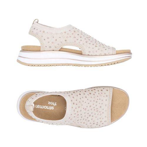 Top and side views of beige Remonte D1J55 backstrap sandal for women, featuring a removable footbed and shock-absorbing sole.