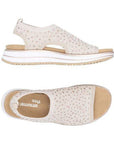 Top and side views of beige Remonte D1J55 backstrap sandal for women, featuring a removable footbed and shock-absorbing sole.