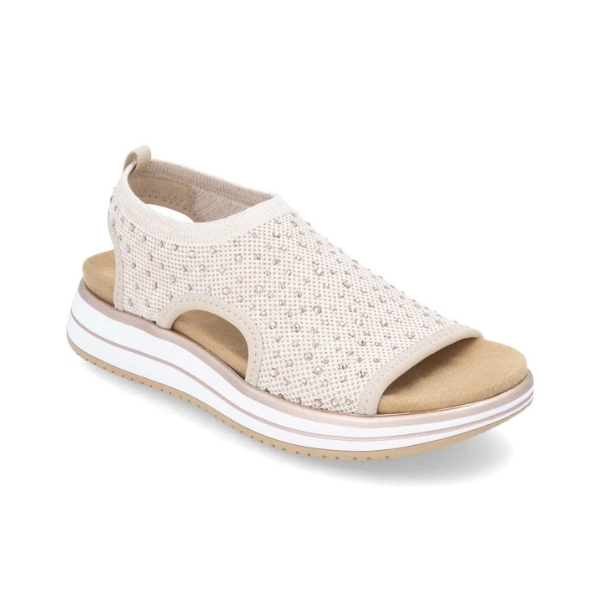 Women's Remonte D1J55 backstrap sporty sandal in beige with breathable knit upper and cushioned sole, ideal for orthotic-friendly wear.