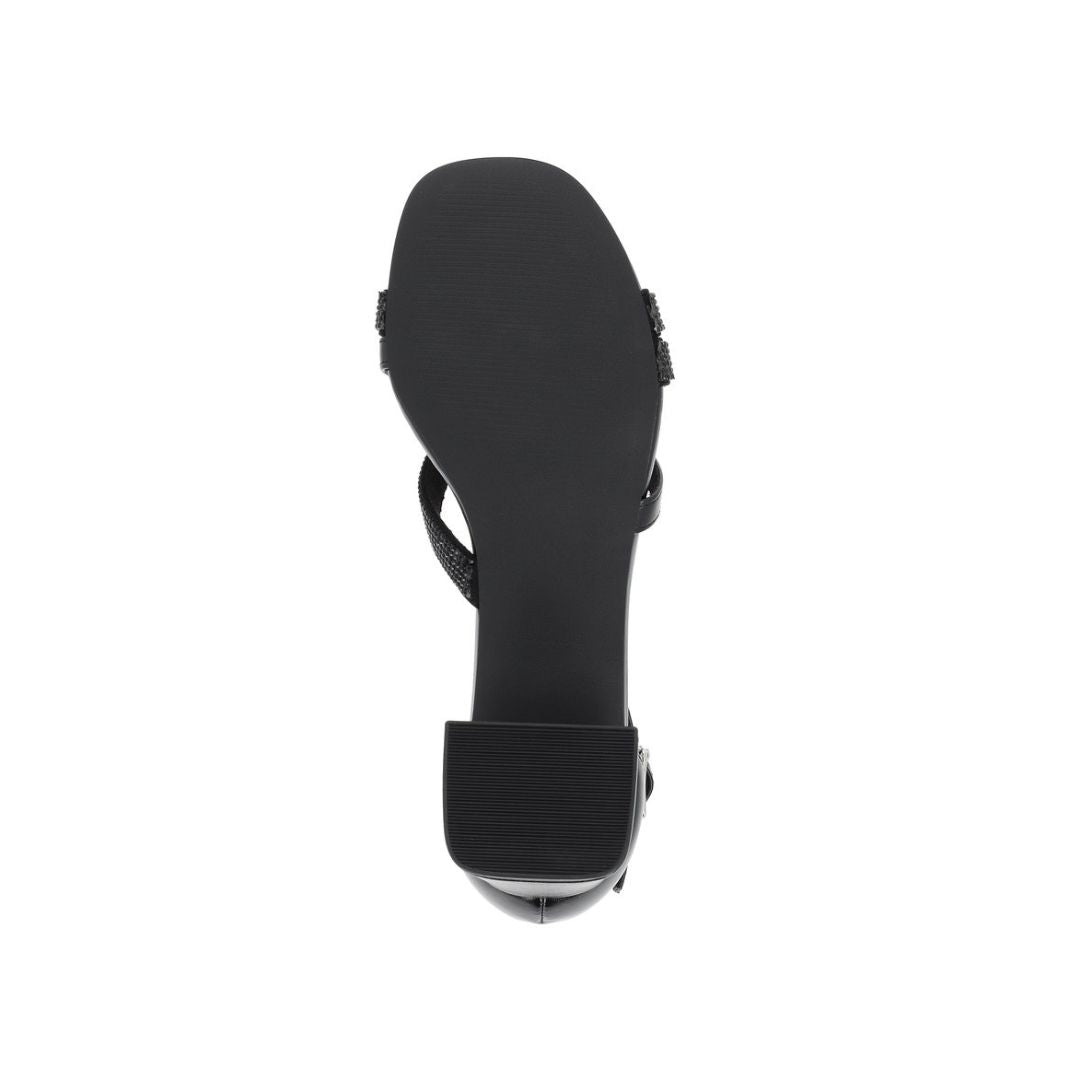 Bottom view of black Remonte D1L51 sling-back heel highlighting the non-slip sole and sturdy heel construction.