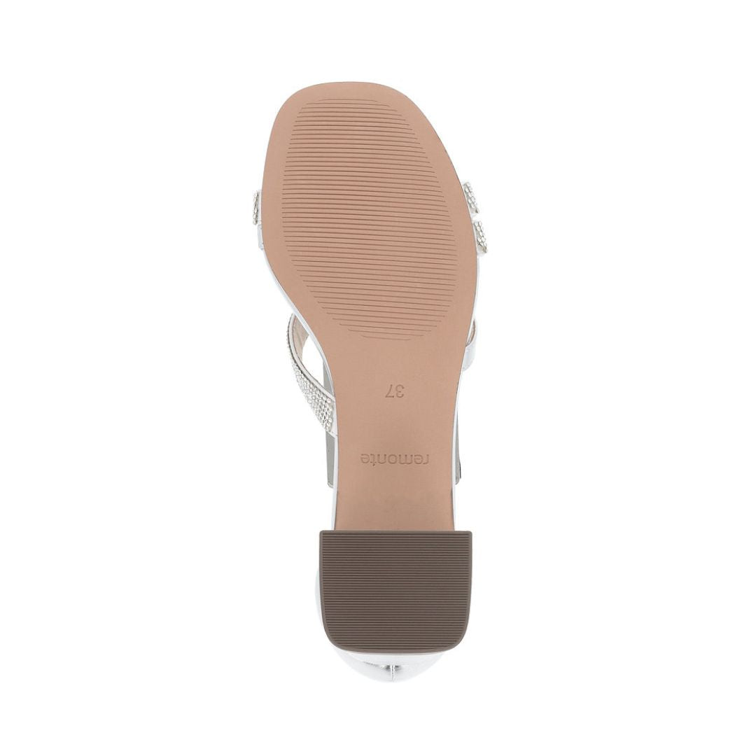 Bottom view of silver Remonte D1L51 sling-back heel showing textured sole and stable block heel for secure steps.