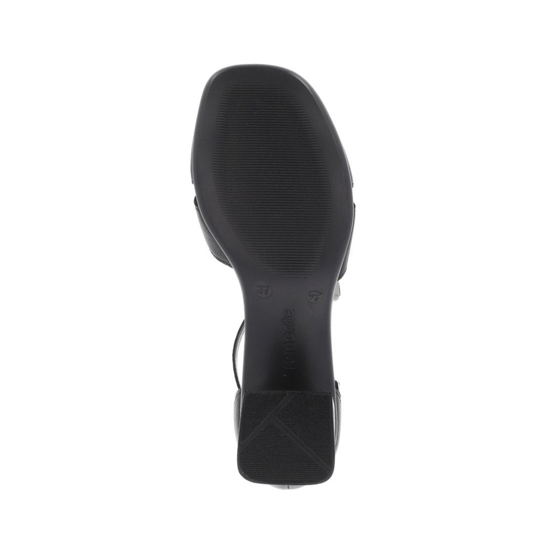 Outsole view of the black Remonte D1K50 sling-back sandal showing durable rubber sole and block heel for stability and traction.