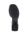 Outsole view of the black Remonte D1K50 sling-back sandal showing durable rubber sole and block heel for stability and traction.