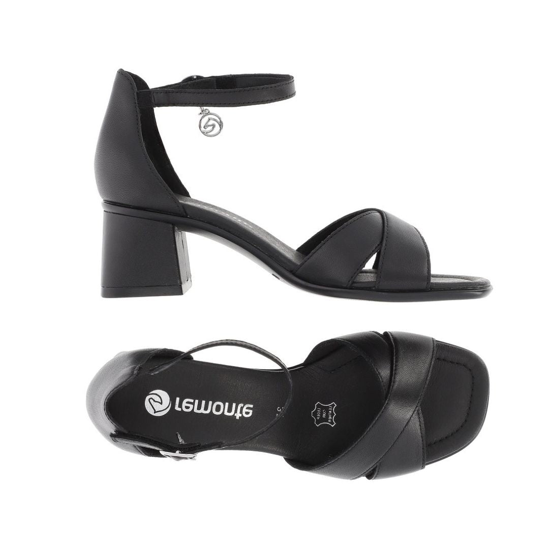 Top and side views of the black Remonte D1K50 sling-back sandal featuring leather upper, block heel, and secure ankle strap with charm detail.