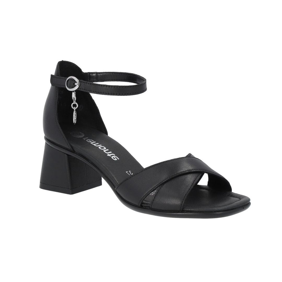 Women's Remonte D1K50 sling-back block-heeled sandal in black leather with ankle strap and crisscross front, perfect for formal or casual wear.