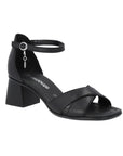 Women's Remonte D1K50 sling-back block-heeled sandal in black leather with ankle strap and crisscross front, perfect for formal or casual wear.