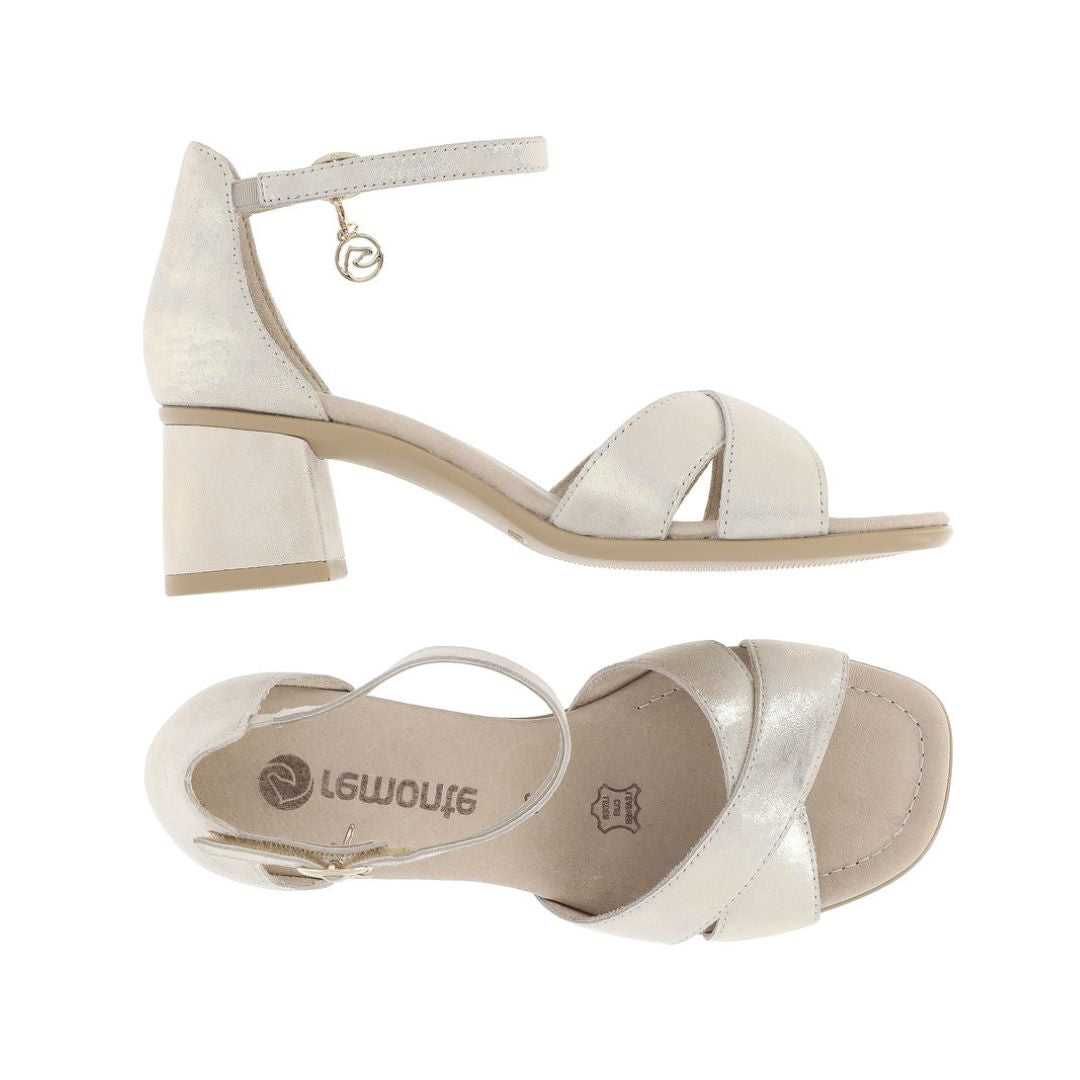 Top and side views of the beige Remonte D1K50 sling-back heeled sandal showing leather finish, block heel, and adjustable ankle strap.