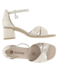 Top and side views of the beige Remonte D1K50 sling-back heeled sandal showing leather finish, block heel, and adjustable ankle strap.