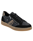 Black sneaker with bronze and cheetah print accents, black laces, side zipper and tan rubber outsole.