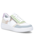 White sneaker with pastel color accents, white laces, side zipper and white thick outsole.