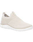 Beige knit slip-on shoes with white outsole.