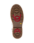 Brown rubber outsole of boot with tread and red flip grips.