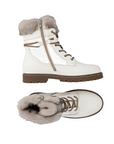 Pair of White winter boots with fur lining, inside zipper and brown outsole.