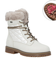 White winter boot with fur lining and brown outsole, red flip grip image in top corner.