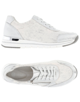 Pair of Silver lace sneakers with brushed texture pattern, side zipper, Remonte logo'd footbed, white midsole and grey outsole.