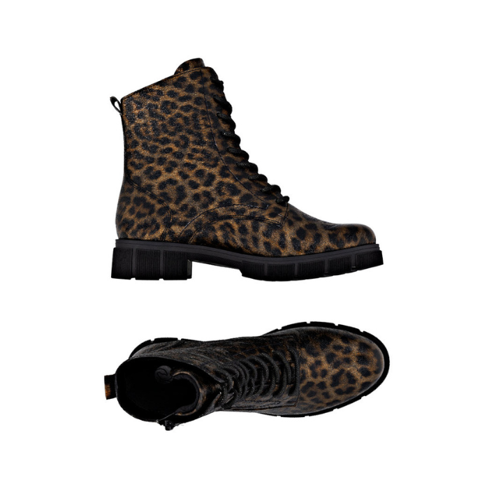 Pair of Leopard print combat boots with side zipper, laces and lugged black outsole.