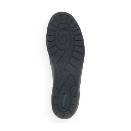 Outsole view of the Women's Remonte R7674 Ankle Boot featuring a shock-absorbing rubber sole with spiral tread for enhanced grip.