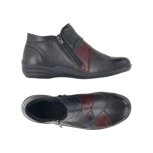 Side and top views of the Women's Remonte R7674 Ankle Boot showcasing its leather construction, dual-tone design, and functional zipper.