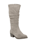 Gray knee-high boot with western vibe and a low block heel.