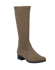 Tall taupe suede boot with black low block heel.