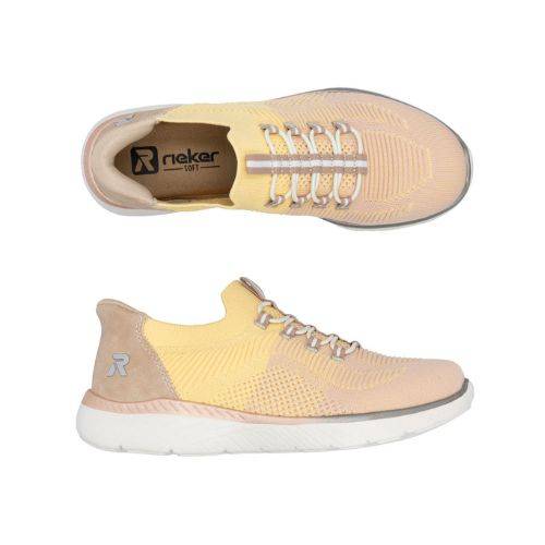 Top and side views of Women's Rieker M5066 Slip-On Sneaker in peach-yellow, showcasing its stretch laces and ergonomic design.
