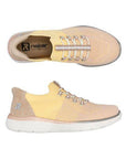 Top and side views of Women's Rieker M5066 Slip-On Sneaker in peach-yellow, showcasing its stretch laces and ergonomic design.