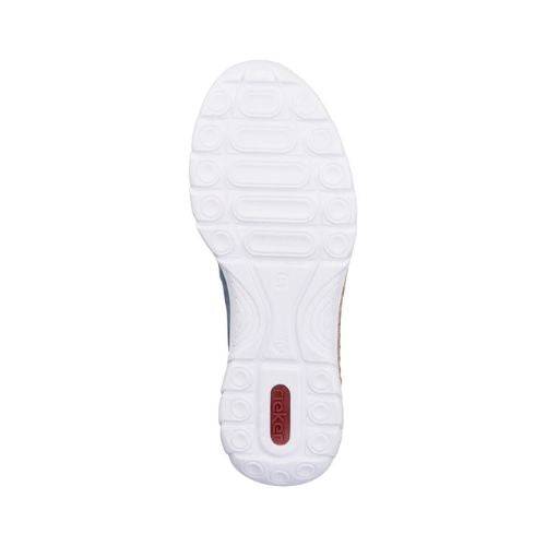 Outsole of the Rieker N4210 women's clog with textured white rubber grip and red Rieker branding for enhanced traction and durability.