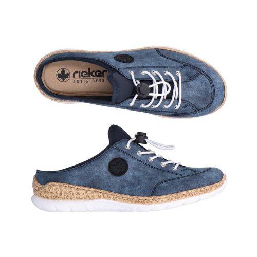Top and side views of the Rieker N4210 women's clog showcasing the soft insole, slip-on design, and stylish toggle lacing system.