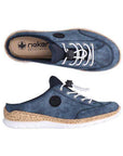 Top and side views of the Rieker N4210 women's clog showcasing the soft insole, slip-on design, and stylish toggle lacing system.