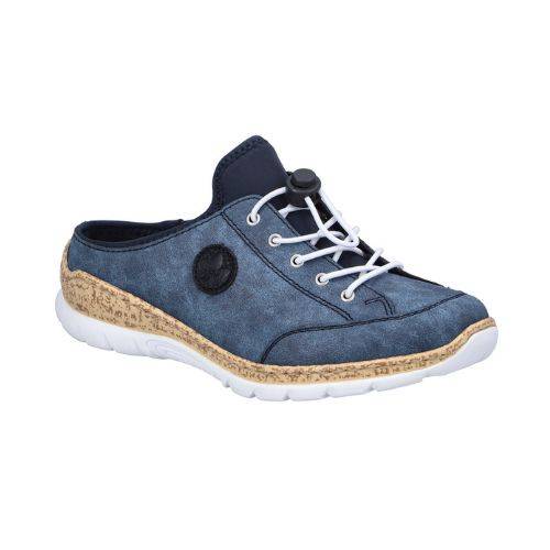 Women's Rieker N4210 clog in denim blue with white sole and contrast stitching, featuring a cushioned MemoSoft insole for all-day comfort.