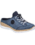 Women's Rieker N4210 clog in denim blue with white sole and contrast stitching, featuring a cushioned MemoSoft insole for all-day comfort.