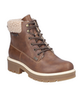 Brown faux leather ankle boot with beige fur fleece cuff, detailed light stitching, and a tan rubber lugged outsole