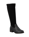 Tall black boot with suede and smooth leather sections and a low block heel
