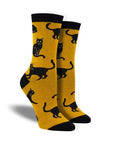 Women's Socksmith Black Cat Bamboo Crew Socks in mustard yellow featuring black cat print, made from eco-friendly antibacterial bamboo.