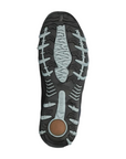 Black and blue treaded outsole with brown heel cushion and Allrounder logo stamped in.