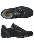 Pair of Dark blue hiking shoes with laces, side zipper, tan Allrounder logo'd footbed and black treaded outsole with blue accents.