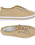 Pair of Beige leather sneakers with woven upper, beige laces, white Bernie Mev logo'd footbed and a brown platform attached with large white stitching detail.